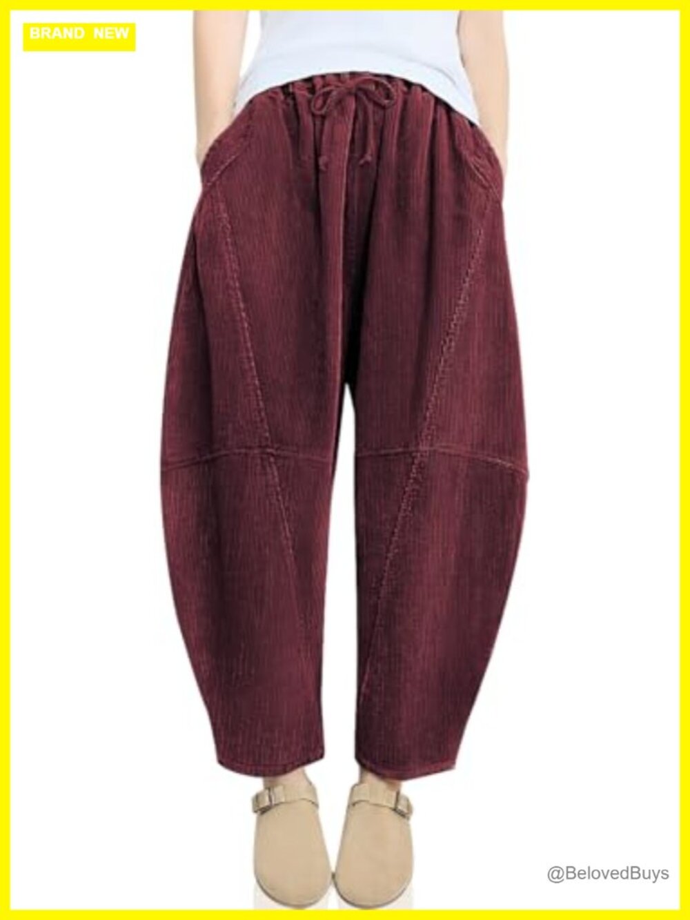 Womens Corduroy Harem Pants Baggy Wide Leg Cropped Elastic Waist Casual